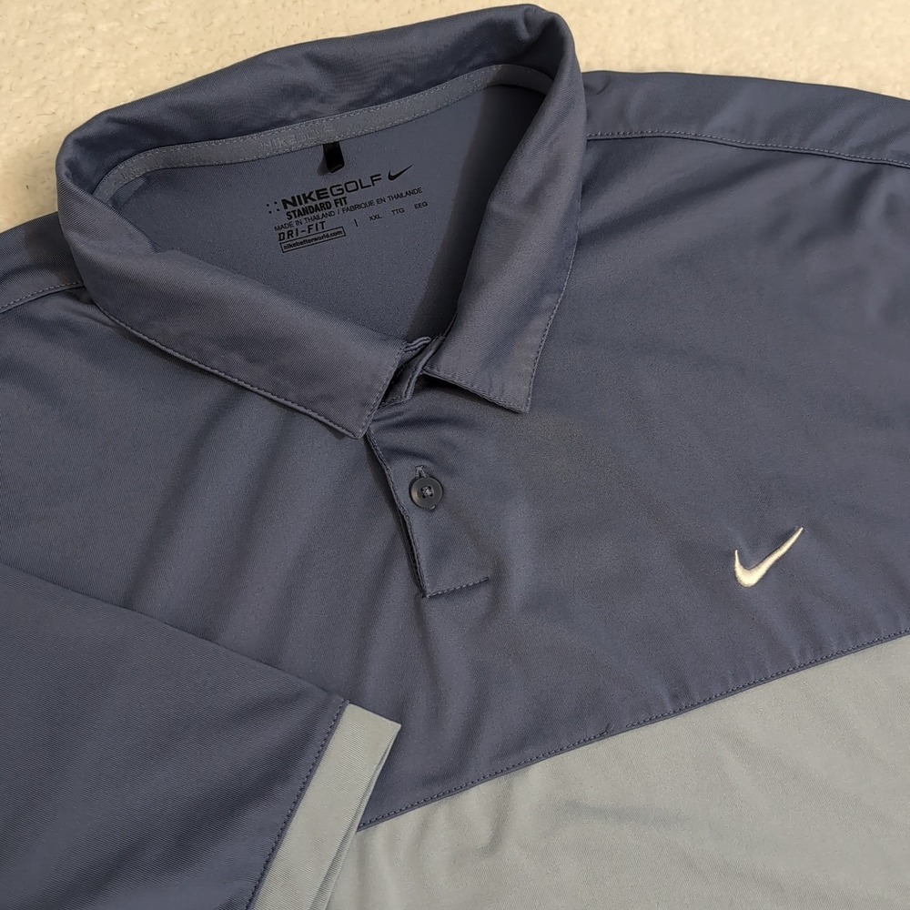 NIKE GOLF 2XL Dri-Fit Polo Shirt Blue Colorblock Performance WIcking 10% Spandex